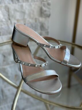 Stuart Weitzman Metallic Silver Pearl-Embellished Low Block Heel Mules